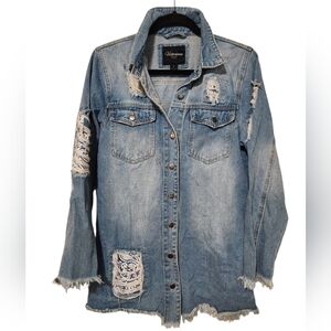 Victorious Distressed Denim Jean Jacket Overshirt Size Small